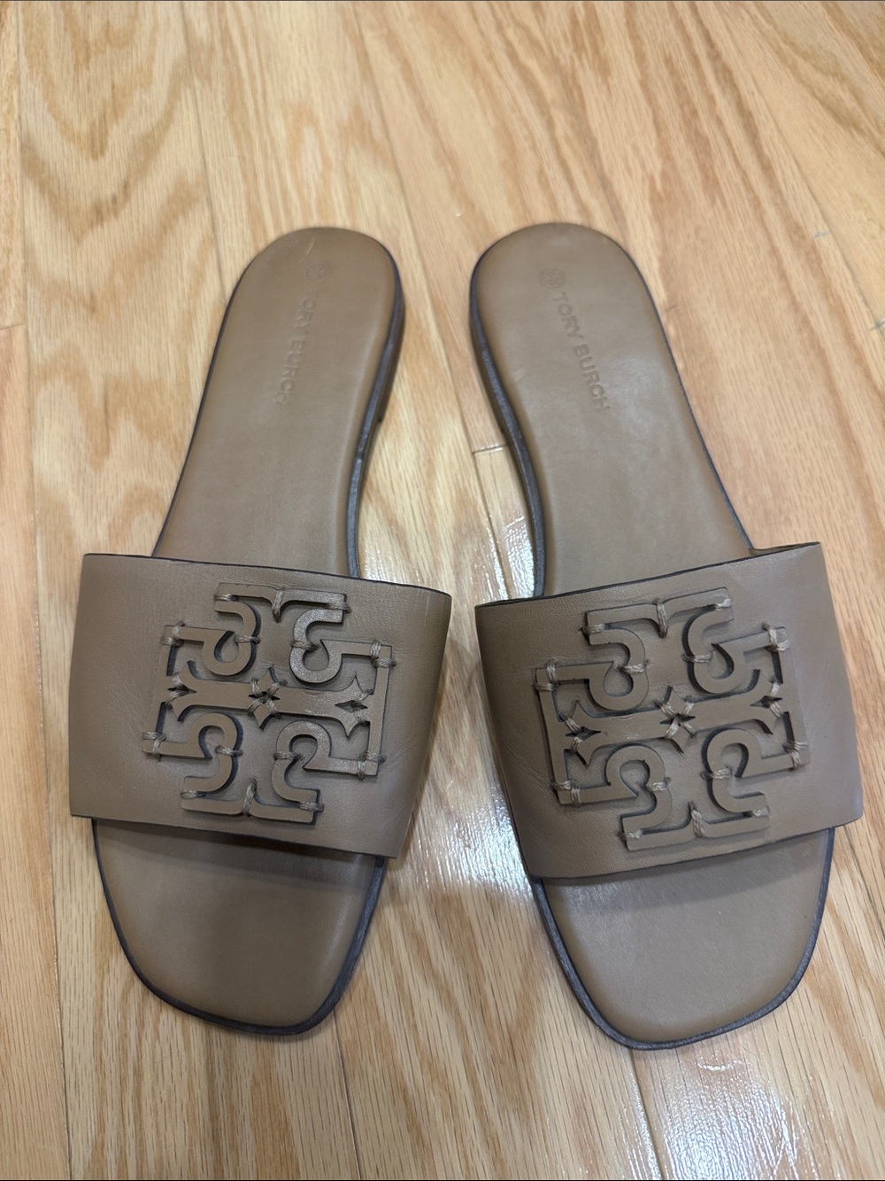 Tory Burch Taupe Leather Logo Slide Sandals